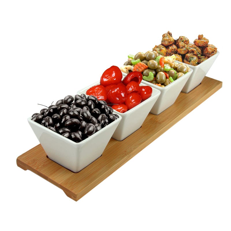 Elama 5 Piece Signature Modern Appetizer and Condiment Server with 4 Serving Dishes and a Bamboo Serving Block - Image 4